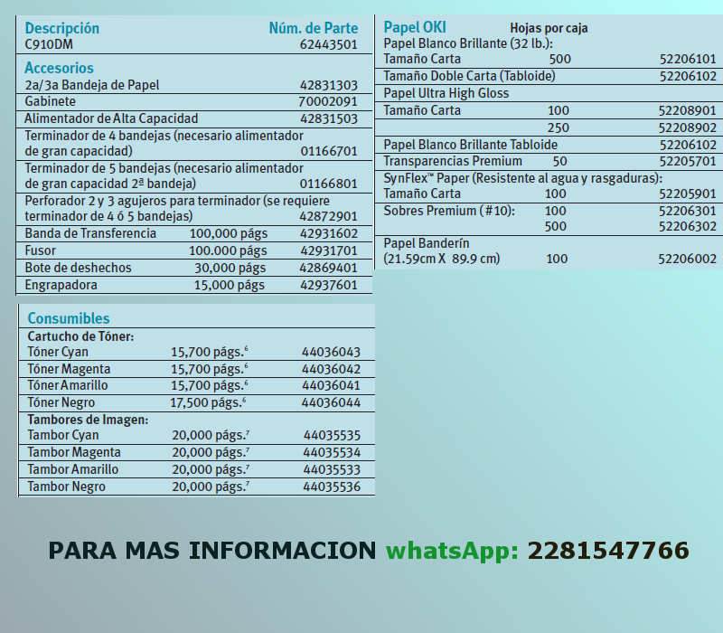 Consumibles,accesorios y rendimiento para impresora oki C910DM