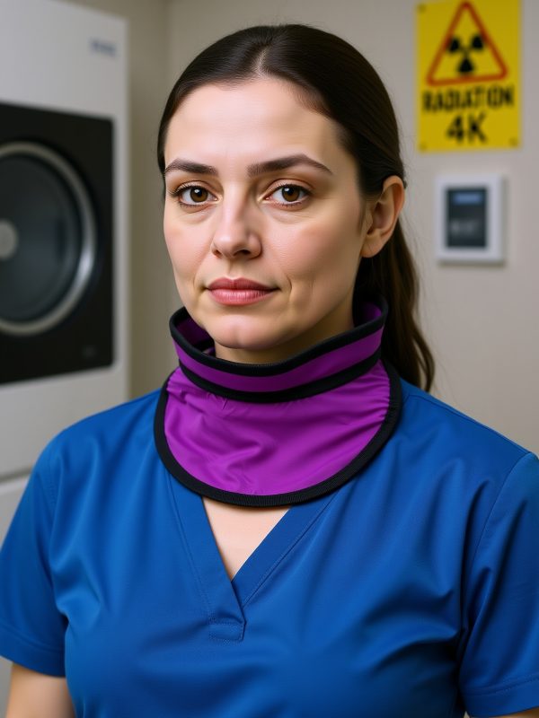 Una Medica usando un collarin emplomado morado en entorno de rayos x Medica usando un collarin emplomado morado en entorno de rayos x